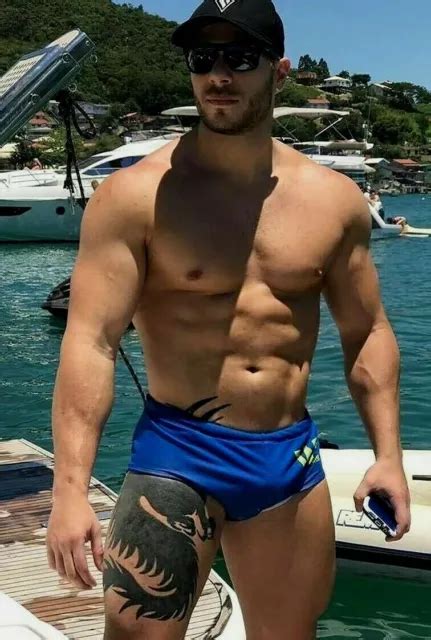 Shirtless Male Gym Jock Muscular Body Beefcake Beard Tattoo Boat Photo