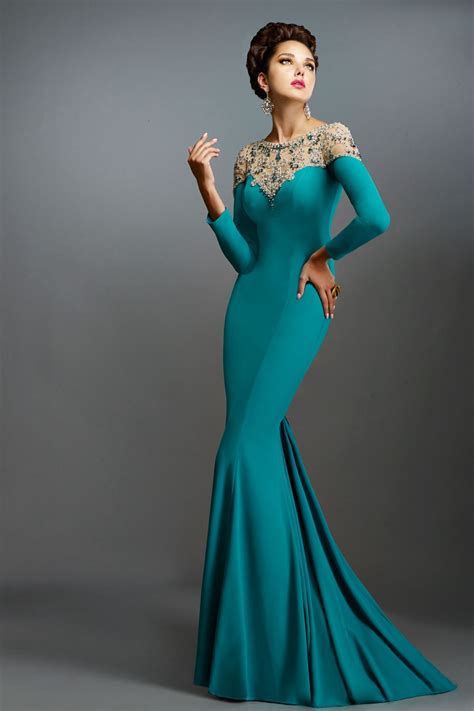 Vimans Mermaid Turquoise Evening Gowns Long Sleeve Dress 2016 New