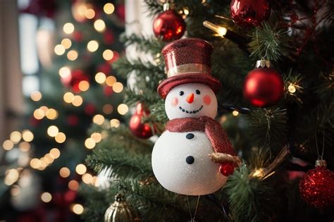 Premium Ai Image Snowman In Front Of A Christmas Tree