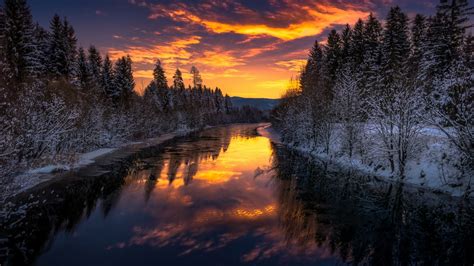 Download 1920x1080 Wallpaper River Trees Winter Sunset