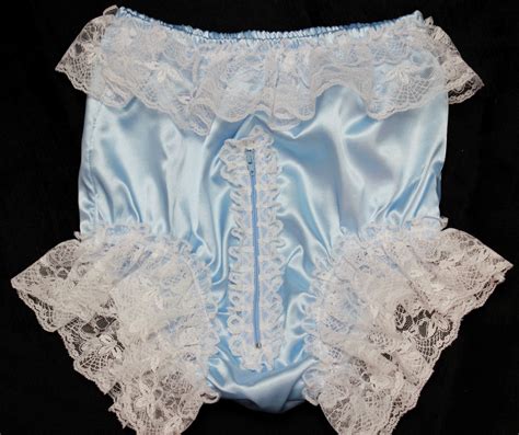 Baby Blue Adult Sissy SATIN Full Cut Panties Cross Dresser Zipper Front Lace