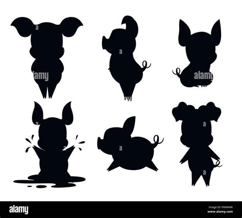 Black Silhouette Cute Pig Collection Cartoon Character Design Little