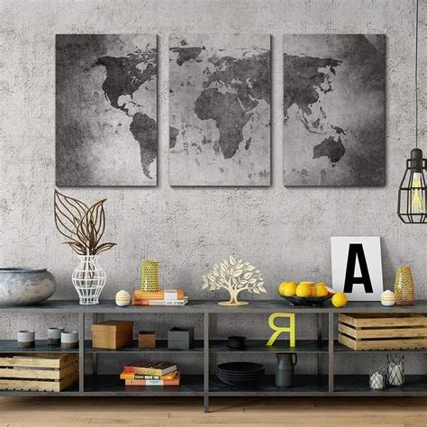 Vintage Grey World Map Canvas Print X 3 Panels Canvas Art Wall Decor