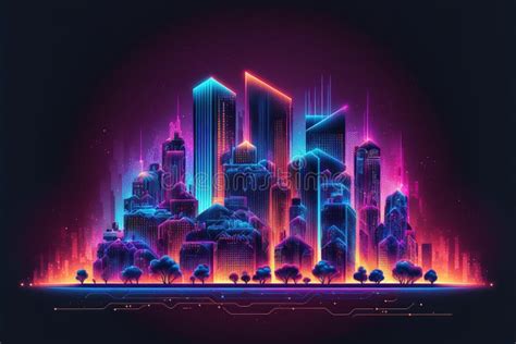 Futuristic Neon Light City Building With Skyline Background Flawless