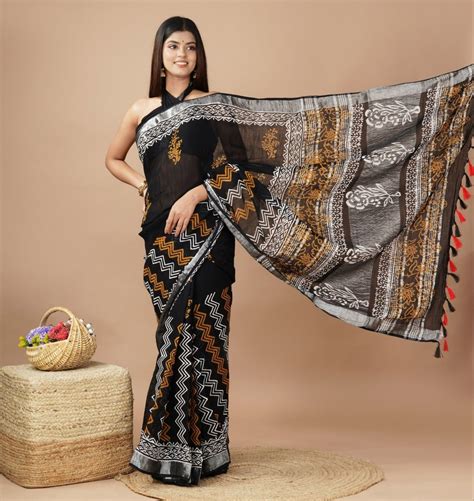 shivanya handicrafts women s linen hand block printed saree with blouse piece cl 044 at rs 650