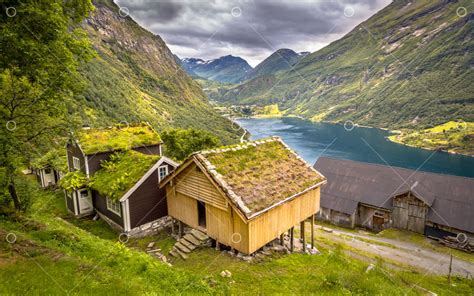 Panorama Of Cabins With Traditional Sod Roof In Geirangerfjord In More