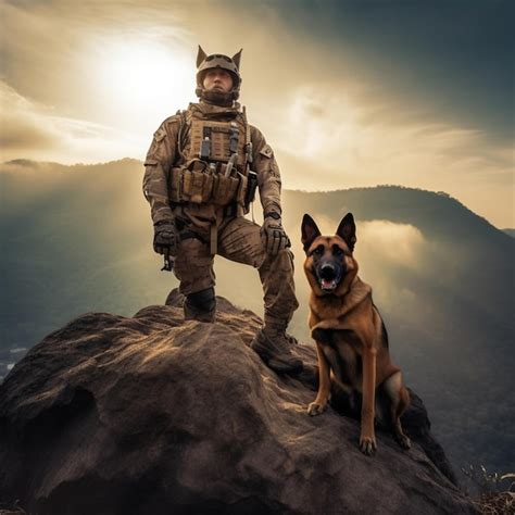Premium Ai Image A Soldier And His Dog Are Standing On A Rock In