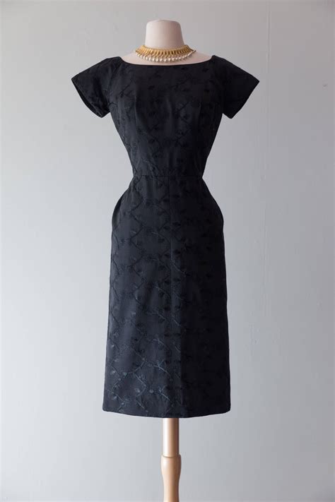 Vintage 1950s Dress 50s Embroidered Black Wiggle Dress With Dramatic
