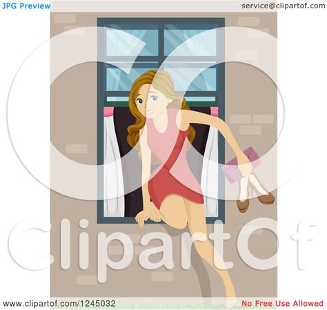 clipart of a teenage girl sneaking out through a window royalty free vector illustration by
