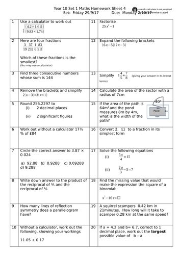 Year 10 Higher Gcse Maths Homework Sheets Teaching Resources