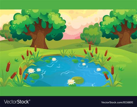 Find animals and plants adapted to the salty shoreline ecosystem in this online plum landing game. Cartoon Pond Near The Forest Royalty Free Vector Image