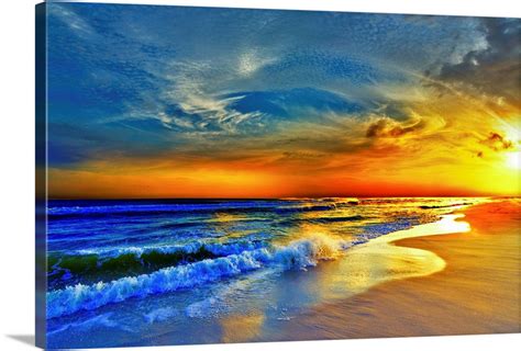Red Orange Blue Sunset Beach Sea Waves In 2020 Blue Sunset Beach