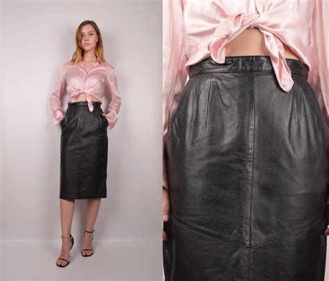 80s Leather High Waist Pencil Skirt Minimalist Vintage