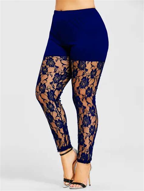 Wipalo Plus Size Xl High Waist Black Sexy Floral Lace Sheer Legging