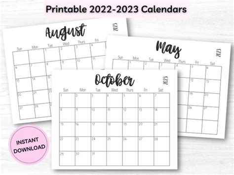 Printable Calendar 2022 2023 Instant Download Wall Calendar Etsy Canada