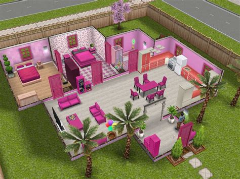 It is a one story house design built on a standard size lot. pink theme inspired #sims freeplay house idea | Sims house ...