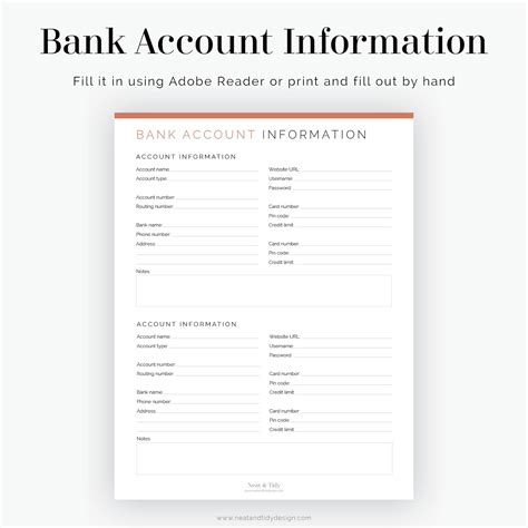 Bank Account Information Fillable Printable Pdf Finance Etsy