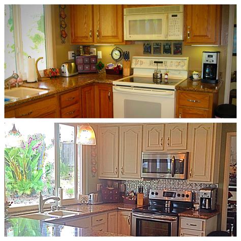 White kitchen cabinets make smaller kitchen look more spacious. Kitchen DIY remodel. Painted oak cabinets off white and ...