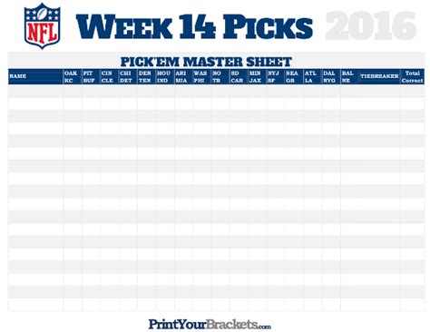 Nfl Week 14 Picks Master Sheet Grid