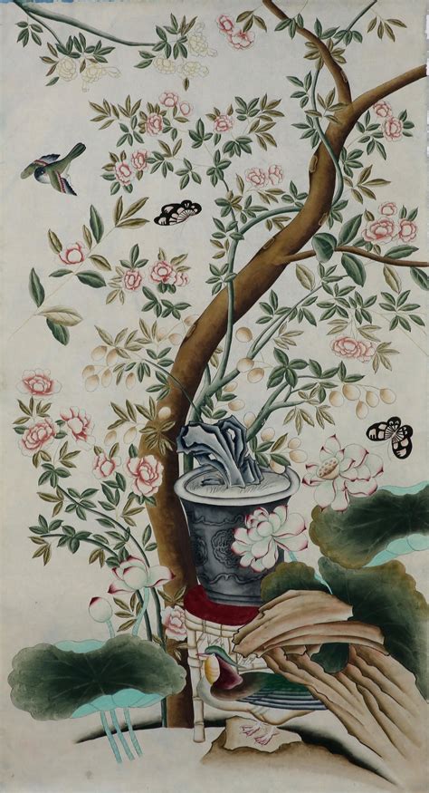 Chinoiserie Hand Painted Wallpaper Panels Of Birds In A Garden Setting