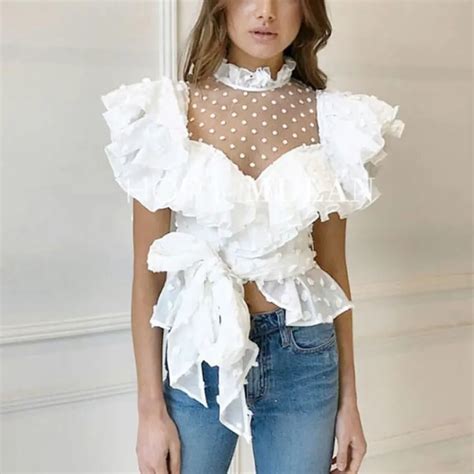 Buy 2018 Lace New Style Women White Blouse Shirt Fashion Perspective Dots