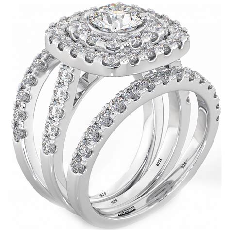 925 Silver Ladies 3 piece Wedding Engagement Round Cut Double Halo