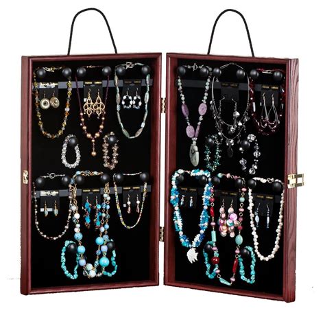 Portable Jewelry Case W 8 Hooks And 32 Pegs Velvet Interior Cherry