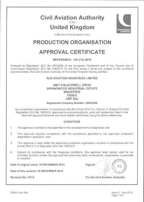 Easa Part 21 Approval Certificate 1 Acs Aviation Industries