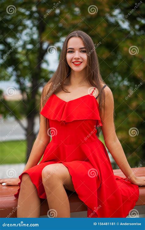 Young Beautiful Brunette Woman In Red Dress Stock Image Image Of