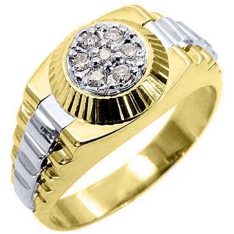 Mens 14k Two Tone Yellow And White Gold Round Diamond Rolex Style Ring