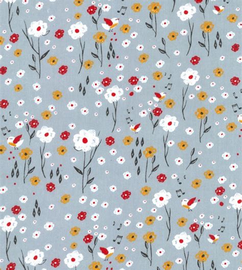 Printed Polycotton Craft Fabric Material Songflowers Grey Crs Fur