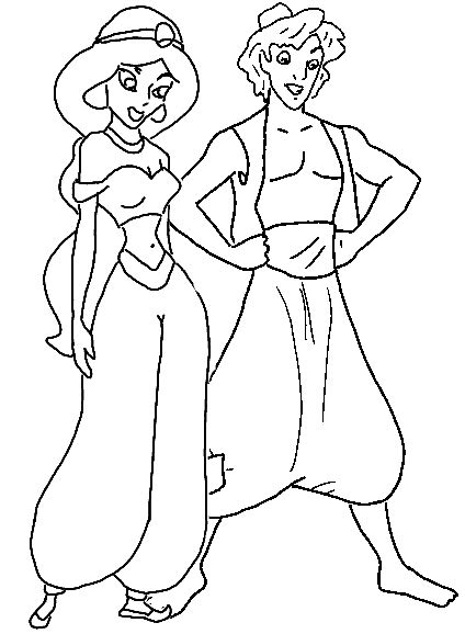 Jasmine and aladdin get together. Disney Cartoon Coloring Pages "Princess Jasmine and Aladdin"