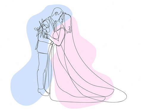 Dibujo De Línea Continua De Pareja Casarse Besándose Para Invitaciones