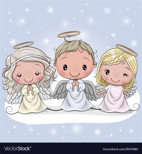 Three Christmas Angels On A Blue Background Vector Image
