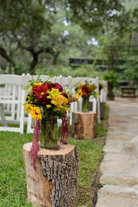 Fall Flowers On Tree Stump Aisle Decor Deer Pearl Flowers