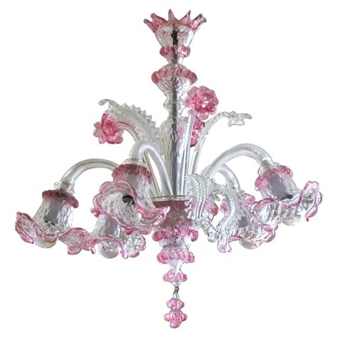 Original Venetian Handcrafted Murano Chandelier Clear And Pink Blown