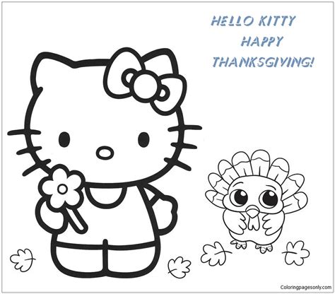 Hello Kitty And Baby Turkey Happy Thanksgiving Coloring Page - Free
