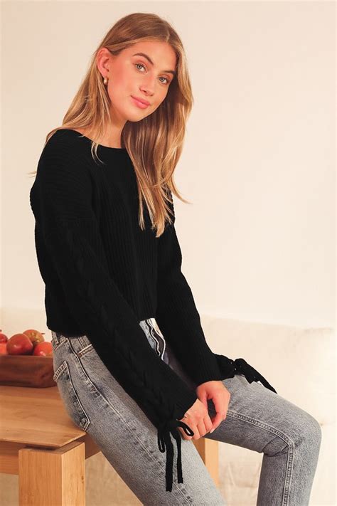 Black Knit Sweater Lace Up Sleeve Sweater Trendy Sweater Top Lulus