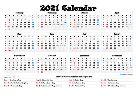 Printable 2021 Calendar With Federal Holidays Printable Calendars 2021