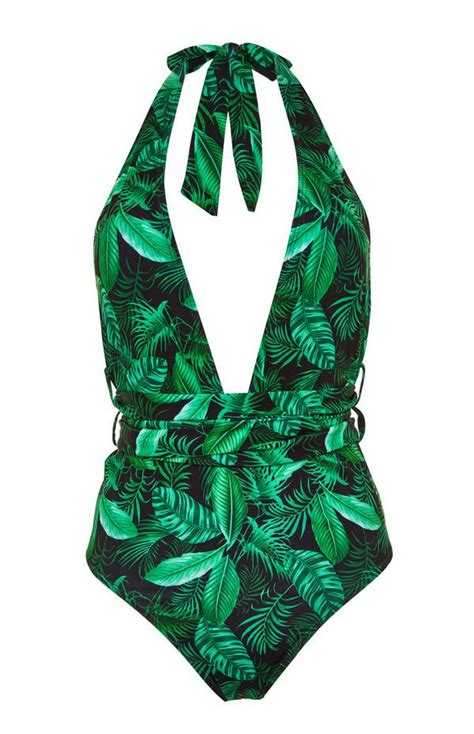 grüner badeanzug mit blattmuster und tiefem ausschnitt badeanzüge und bikinis bikinis und