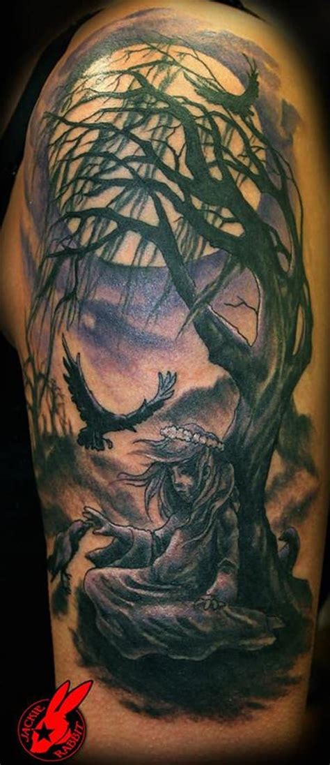 Redwoods in crescent moon by thorin brentmar tattoo idea. Sun and Moon Tattoos for Men - Ideas and Designs