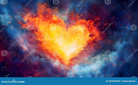 Large Fiery Flaming Heart On A Dark Blue Background Stock Vector