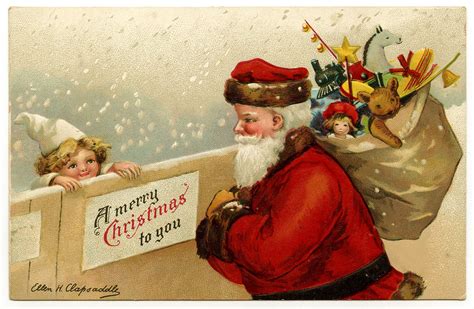 Antique Image Santa In Snow With Cute Child The Graphics Fairy