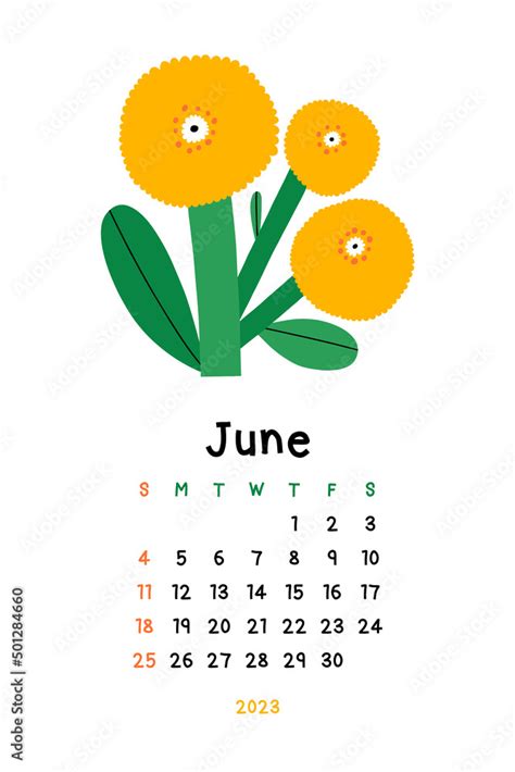 Beautiful Floral Calendar June 2023 Botanical Printable Vector