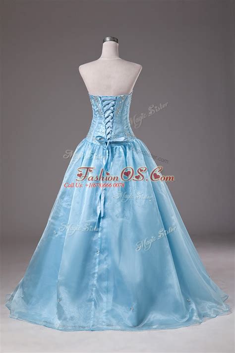 Baby Blue Ball Gowns Organza Strapless Sleeveless Beading Floor Length