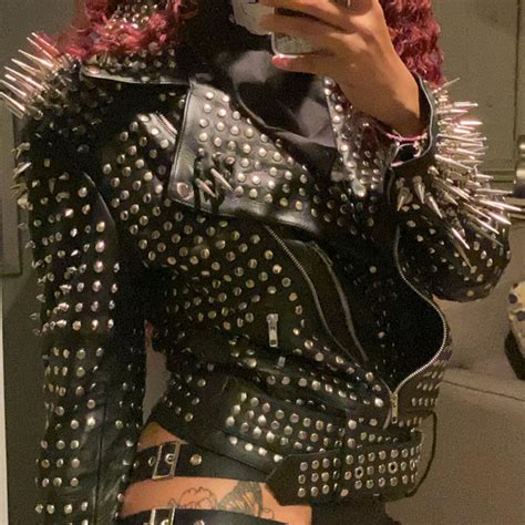 Womens Studded Leather Jacket Full Black Women Punk Silver Etsy
