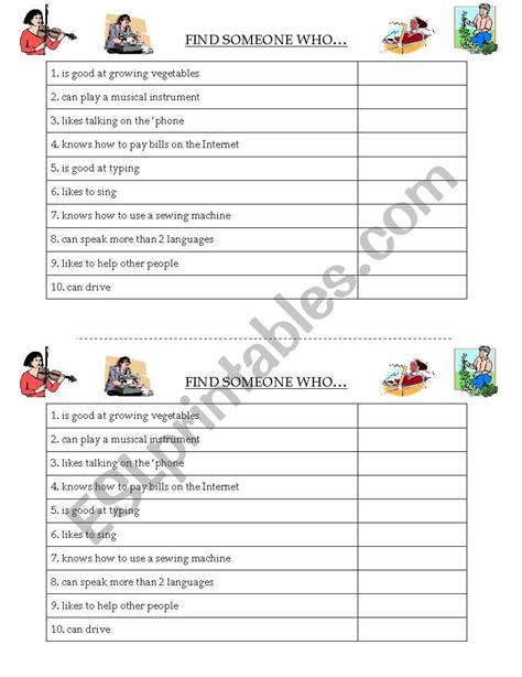 English Worksheets Find Someone Who Skillsabilities And Interests