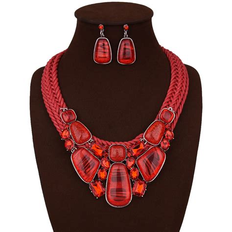 Red Irregular Geometric Style Square Statement Necklace Earrings Set