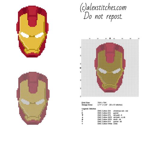 Superhero Ironman Face Free And Small Cross Stitch Pattern 38 X 61