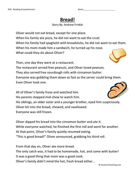What should your child be reading over the summer? Reading Comprehension Worksheet - Bread!